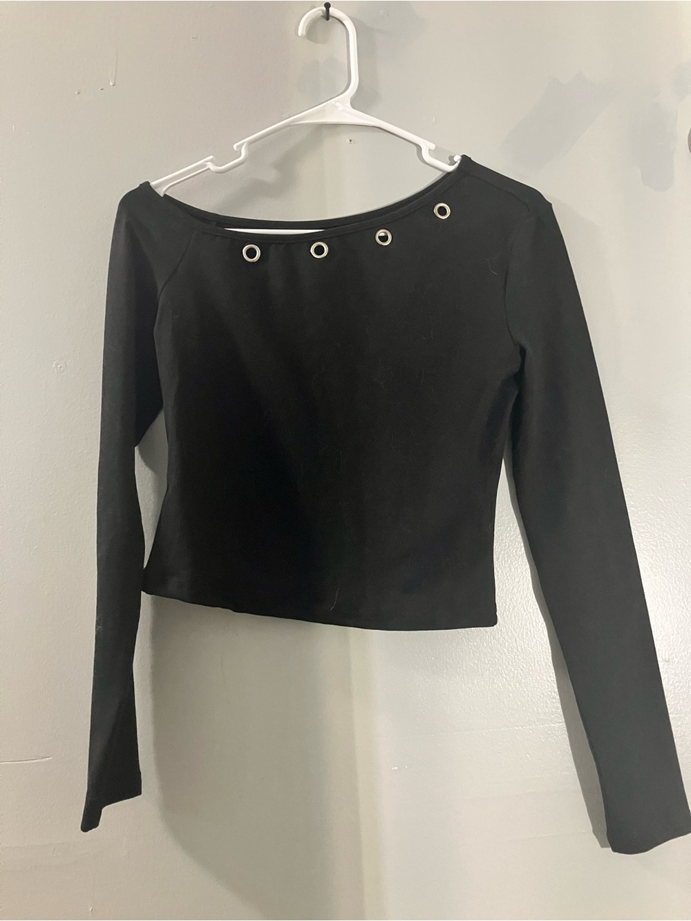 Black Long-Sleeve off shoulder Top with Grommet Detail